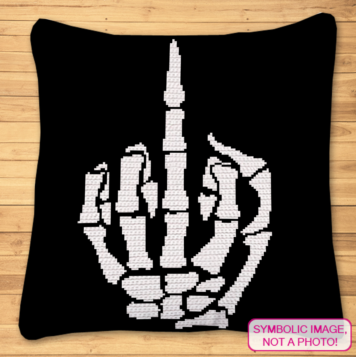 Middle Finger Skeleton Hand Crochet Pattern — a bold, funny and sassy black-and-white crochet graphgan design featuring a skeleton hand giving the middle finger. A fun choice for Halloween projects, gothic décor, sarcastic gifts and adult crochet lovers.

This digital pattern is written for Single Crochet (SC) and includes both a graph and written row-by-row instructions.