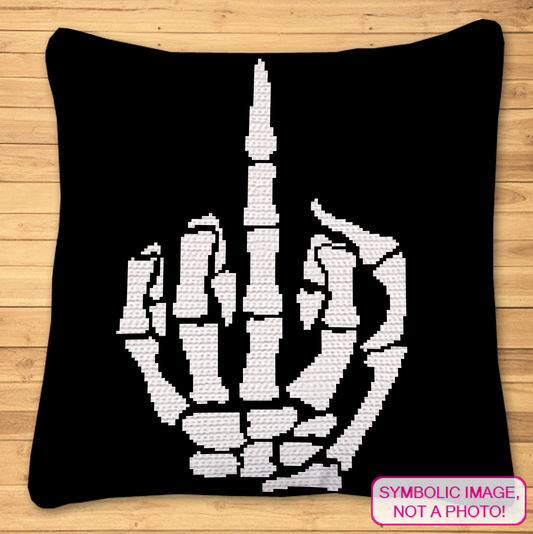 Middle Finger Skeleton Hand Crochet Pattern — a bold, funny and sassy black-and-white crochet graphgan design featuring a skeleton hand giving the middle finger. A fun choice for Halloween projects, gothic décor, sarcastic gifts and adult crochet lovers.

This digital pattern is written for Single Crochet (SC) and includes both a graph and written row-by-row instructions.