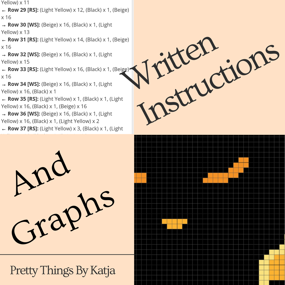 Pew Pew Cat single crochet pattern preview with written row-by-row instructions and graph chart.