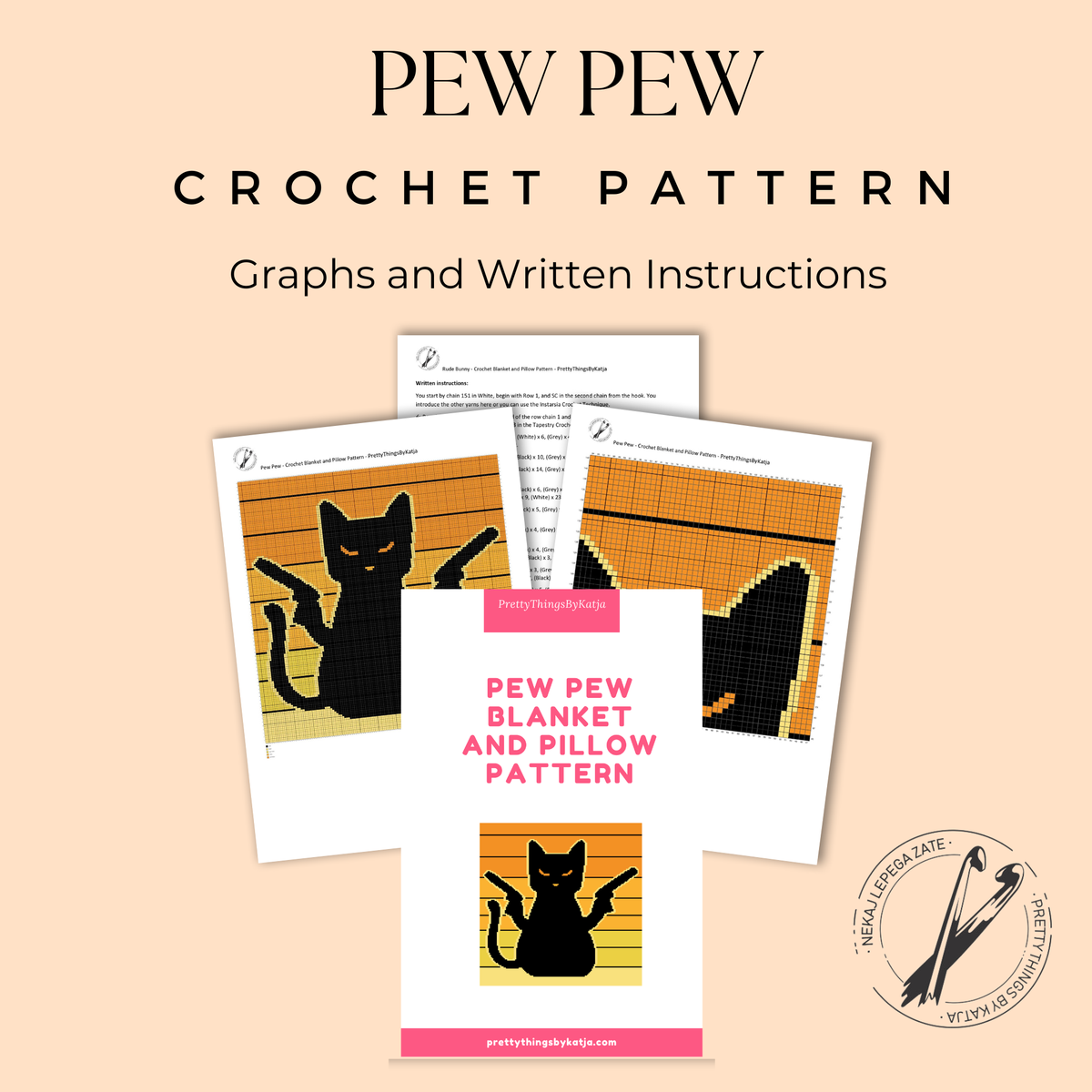 Pew Pew Cat crochet pattern PDF cover showing graph and written instructions for the blanket and pillow design.