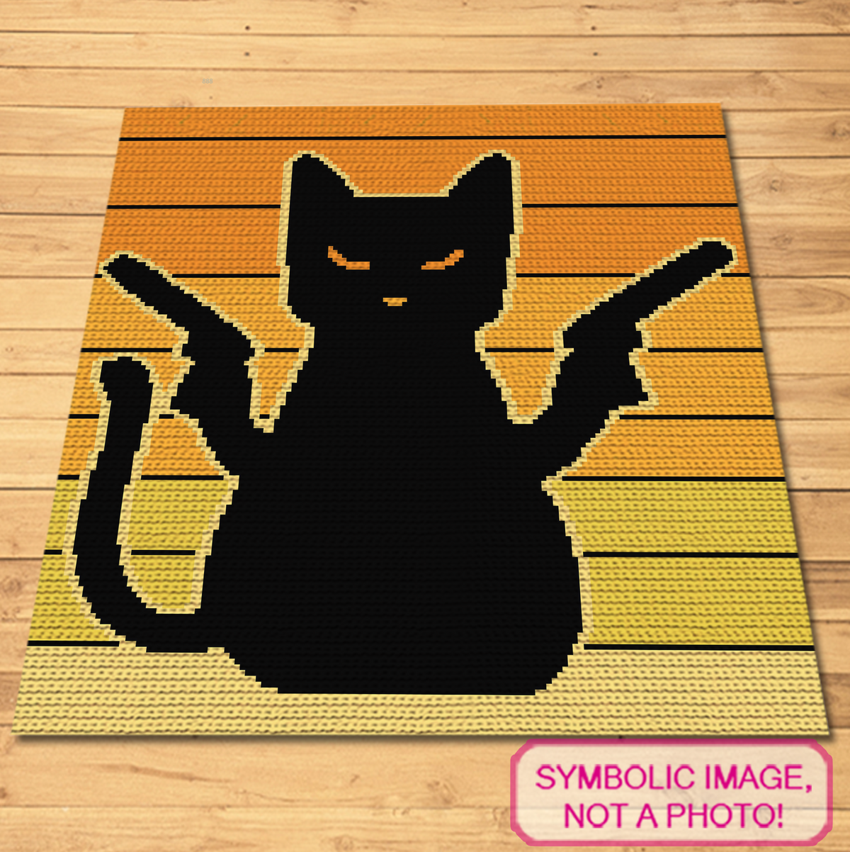 Pew Pew Cat SC crochet blanket pattern mockup with black cat silhouette on a warm yellow and orange background.