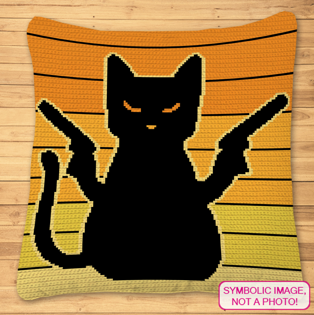 Pew Pew Cat crochet pillow mockup with black cat silhouette on orange and yellow striped background.