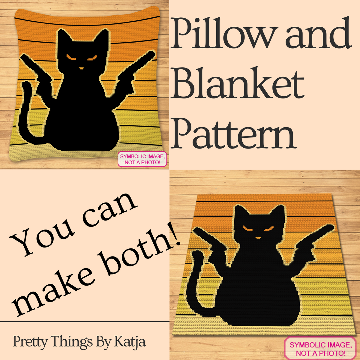 Pew Pew Cat pillow and blanket crochet pattern collage showing both project size options.