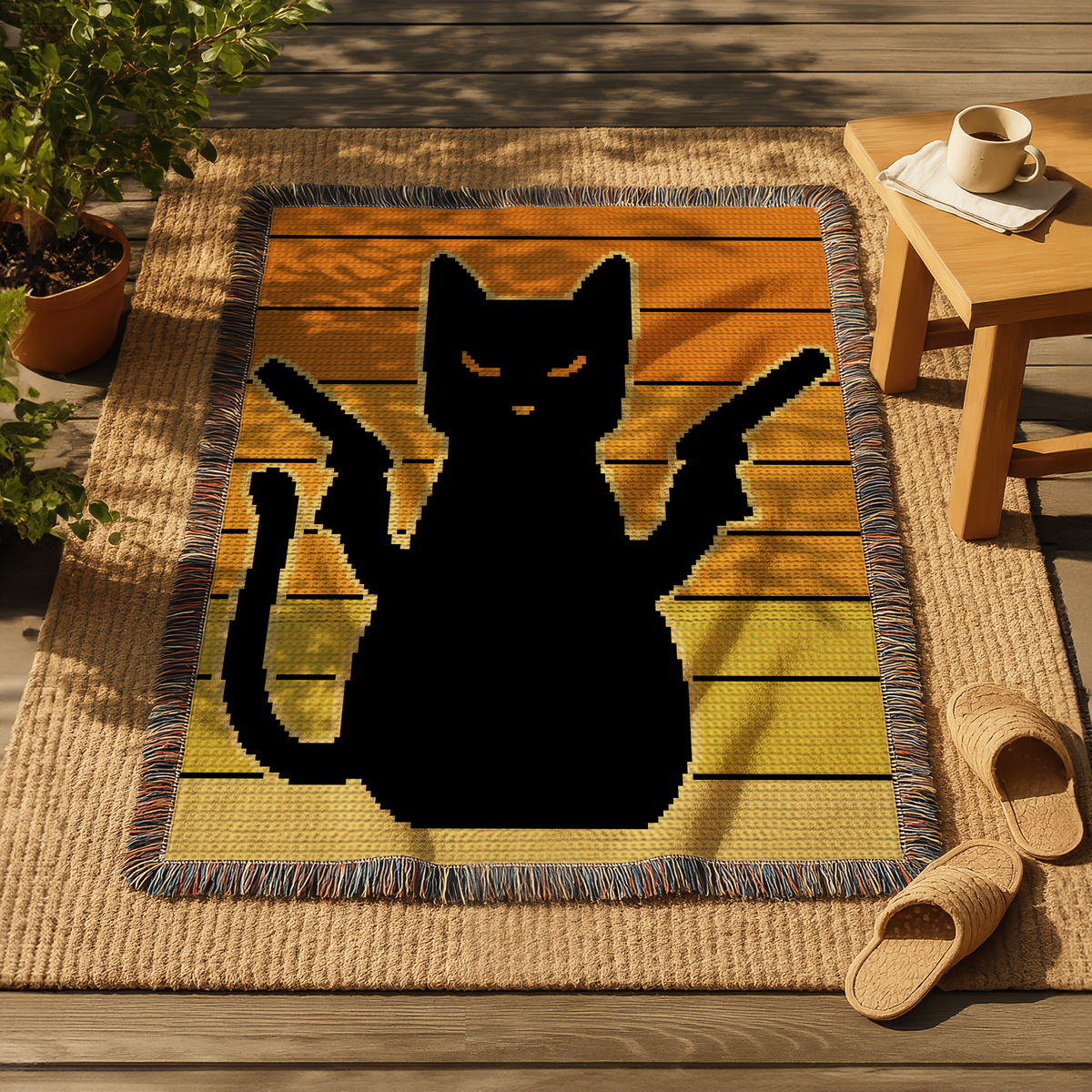 Pew Pew Cat C2C crochet blanket mockup with a black cat holding two raised paws on an orange and yellow background.