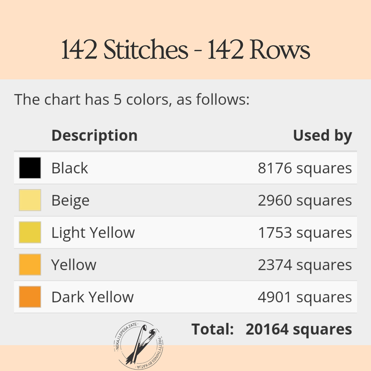 Pew Pew Cat C2C crochet chart details showing 142 by 142 squares and five yarn colors.