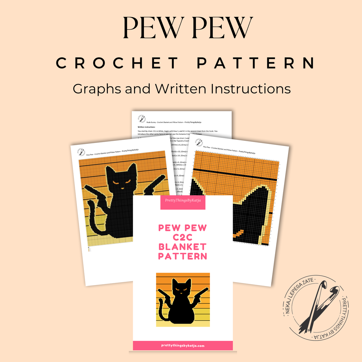 Pew Pew Cat C2C blanket pattern PDF cover with crochet graph and written instructions.