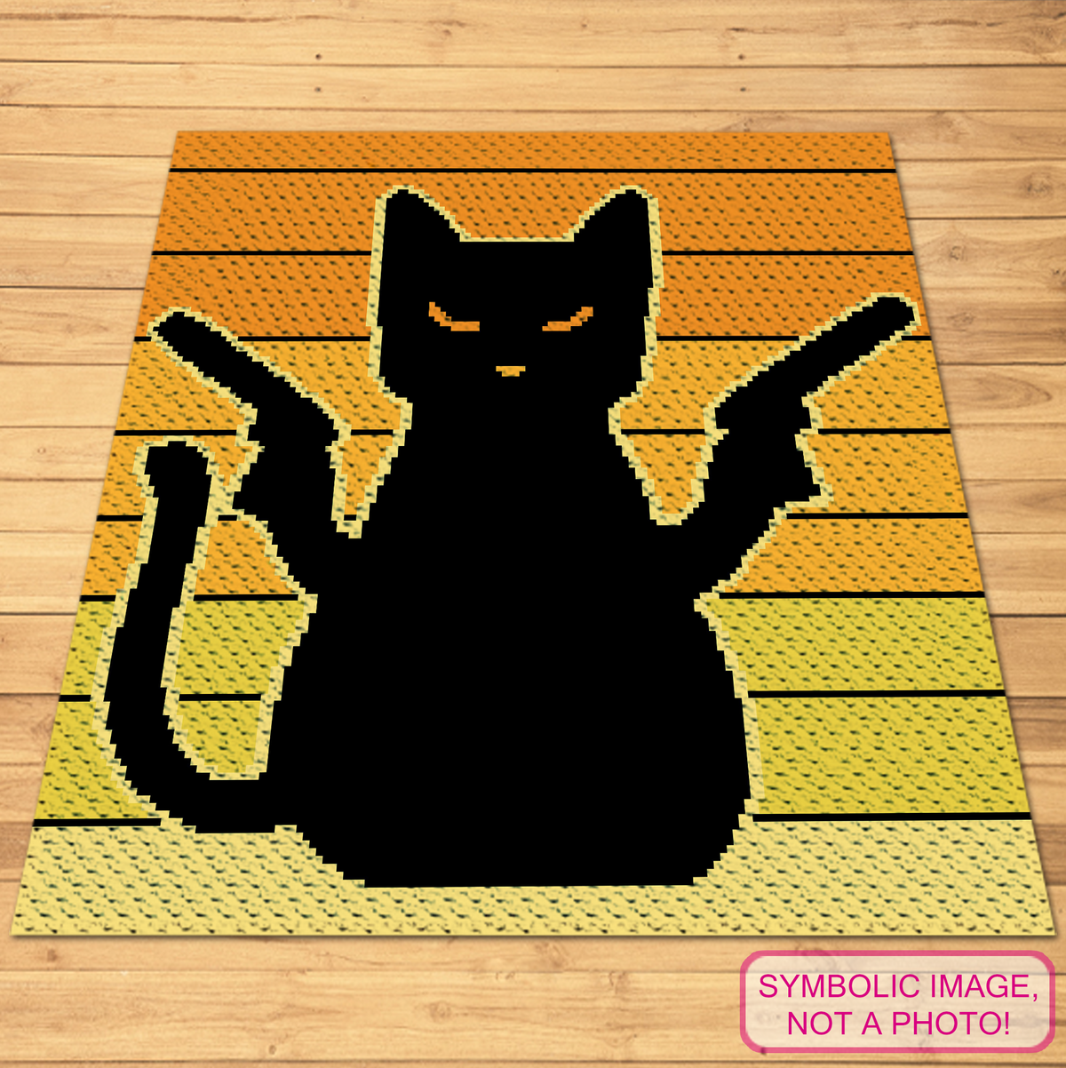 Pew Pew Cat C2C crochet blanket mockup featuring a black cat silhouette on a yellow and orange background.