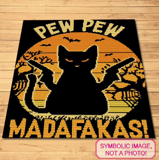 Pew Pew Cat SC crochet blanket pattern mockup with a black cat silhouette, retro comic-style moon, bats, and the words Pew Pew Madafakas.