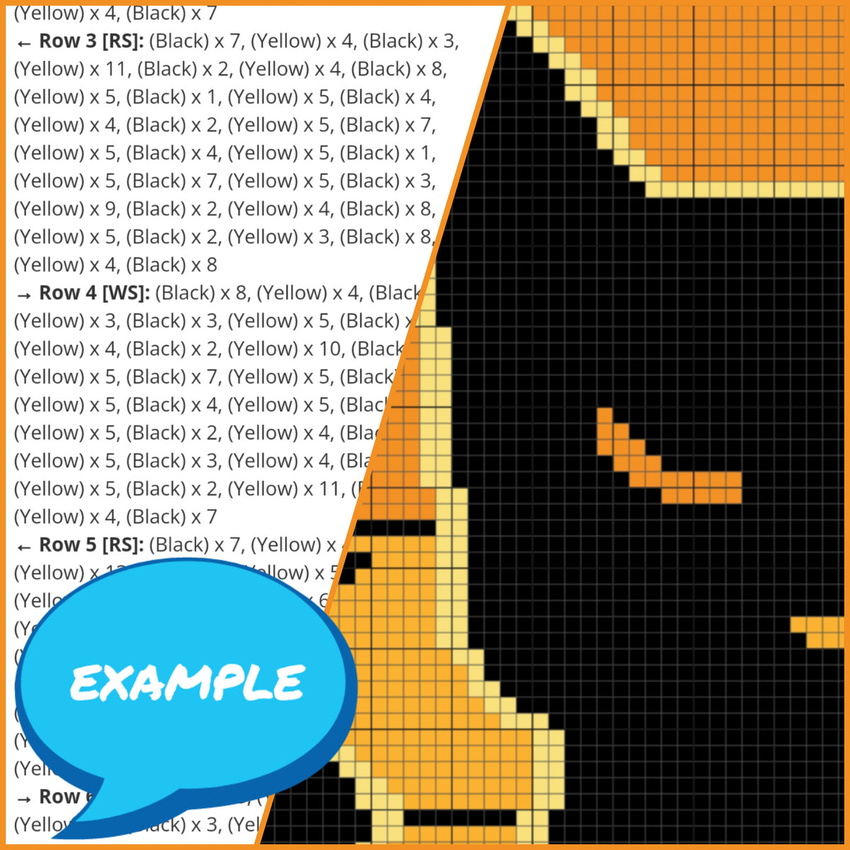Pew Pew Cat SC crochet pattern preview showing written row-by-row instructions beside the crochet graph chart.