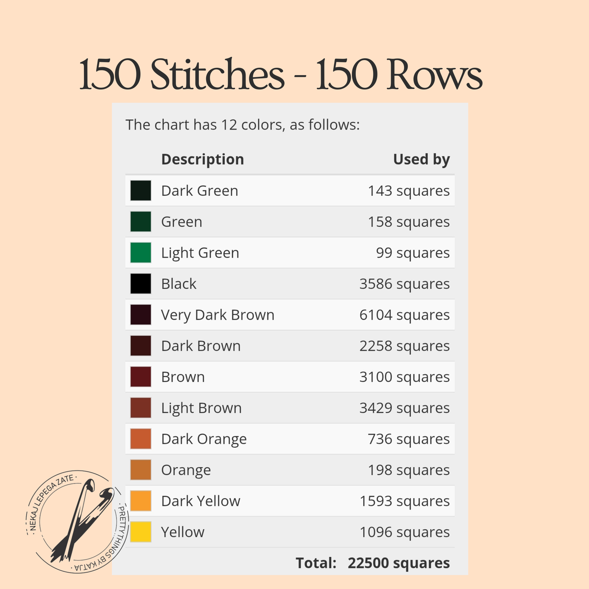 Pumpkin on a Graveyard C2C crochet chart details showing 150 by 150 blocks and 12 colors.