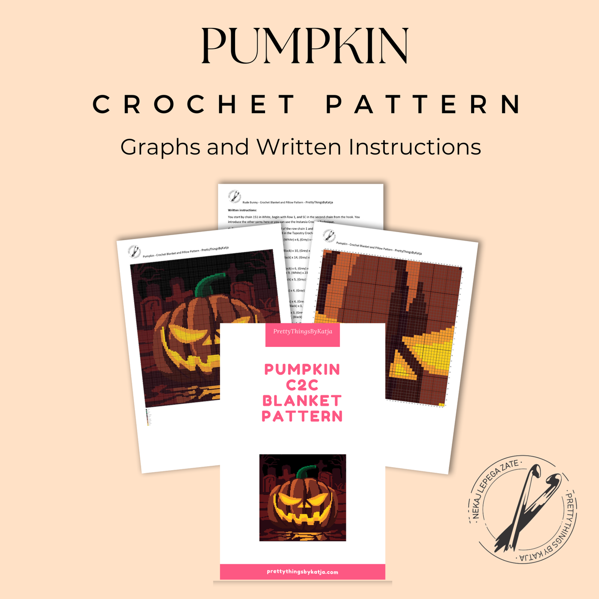 Pumpkin on a Graveyard C2C crochet blanket pattern PDF cover with graph and written instructions.
