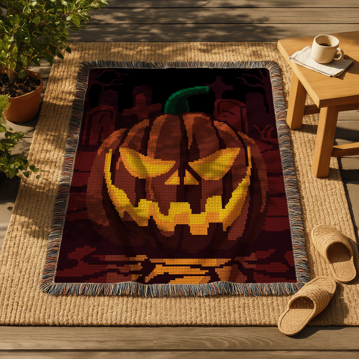 Pumpkin on a Graveyard C2C crochet blanket displayed outdoors with a glowing jack-o-lantern cemetery design.