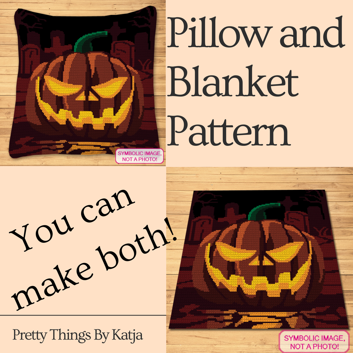 Pumpkin on a Graveyard crochet pattern preview showing pillow and blanket versions with a glowing jack-o-lantern design.