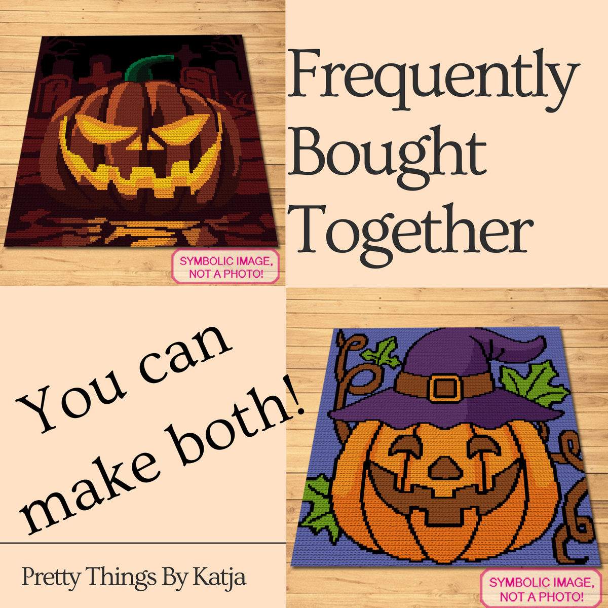 Pumpkin crochet pattern comparison image showing the graveyard jack-o-lantern design and another pumpkin crochet pattern.