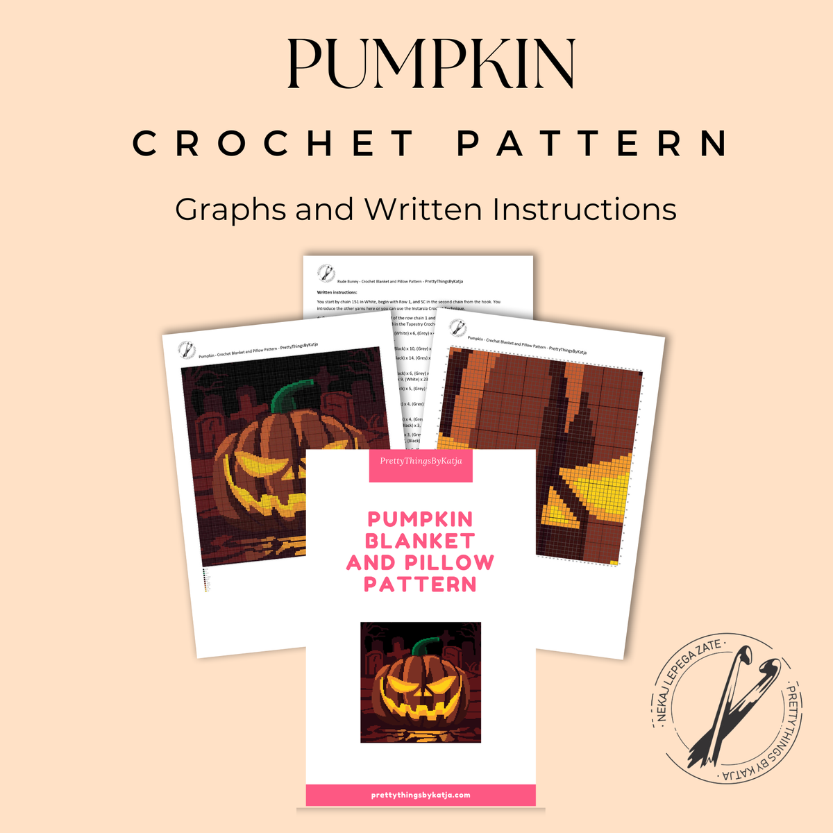 Pumpkin crochet blanket and pillow pattern PDF cover with graph and written instructions.