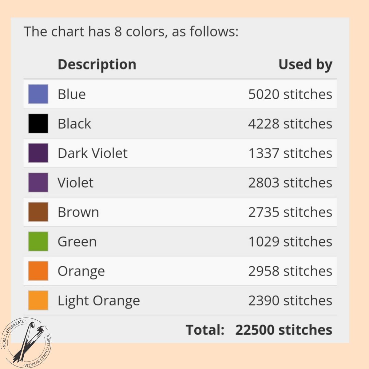 Pumpkin Witch C2C crochet pattern color chart showing eight Halloween colors for the 150 by 150 design.