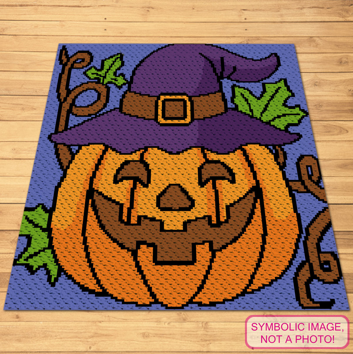 Pumpkin Witch C2C crochet blanket mockup featuring a jack-o-lantern wearing a purple witch hat with vines and leaves.