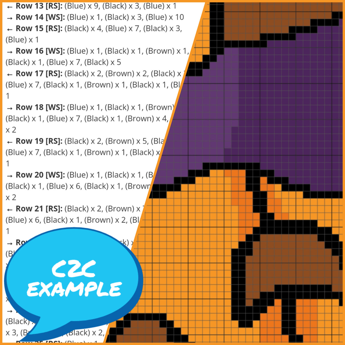 Pumpkin Witch C2C crochet graph and written row-by-row instruction example for the Halloween pattern.
