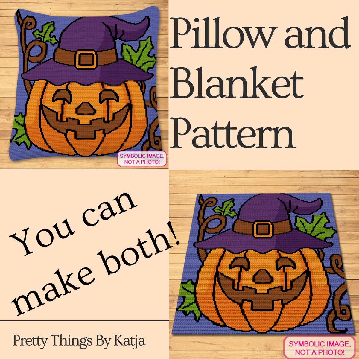 Pumpkin Witch crochet pattern comparison image showing pillow and blanket versions of the Halloween pumpkin design.