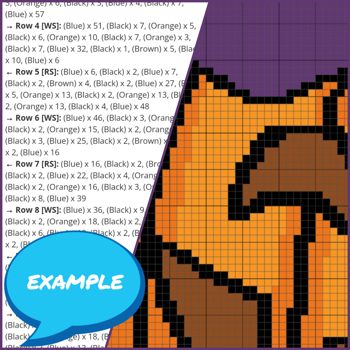 Pumpkin Witch crochet graph and written row-by-row instruction example for the Halloween pattern.