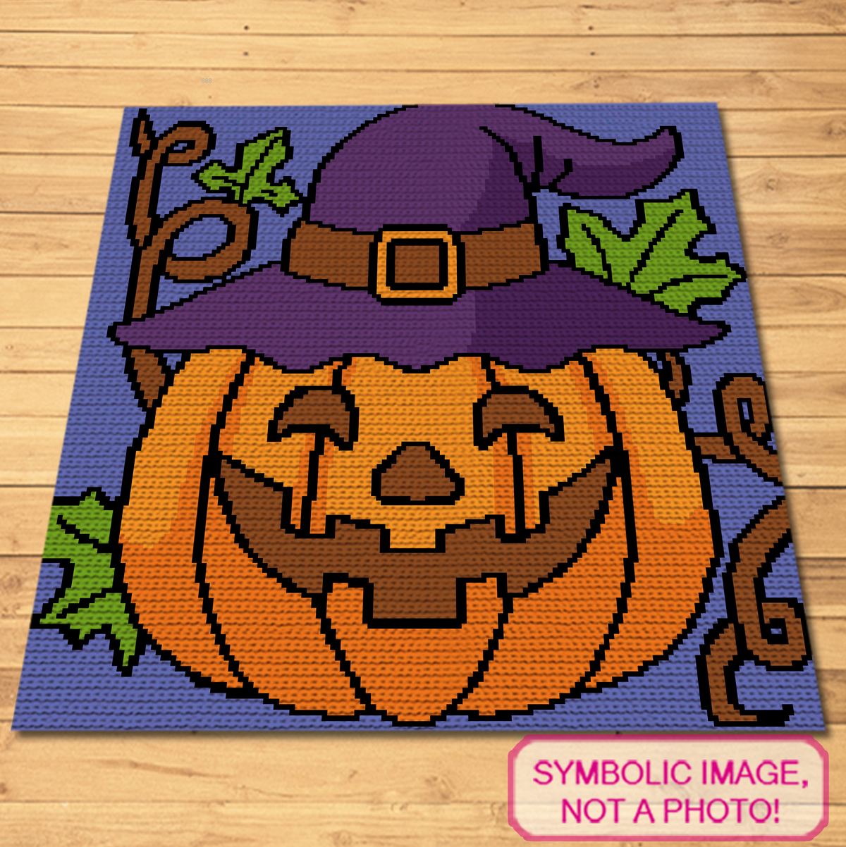 Pumpkin Witch single crochet blanket pattern mockup with jack-o-lantern, purple witch hat, vines and leaves.