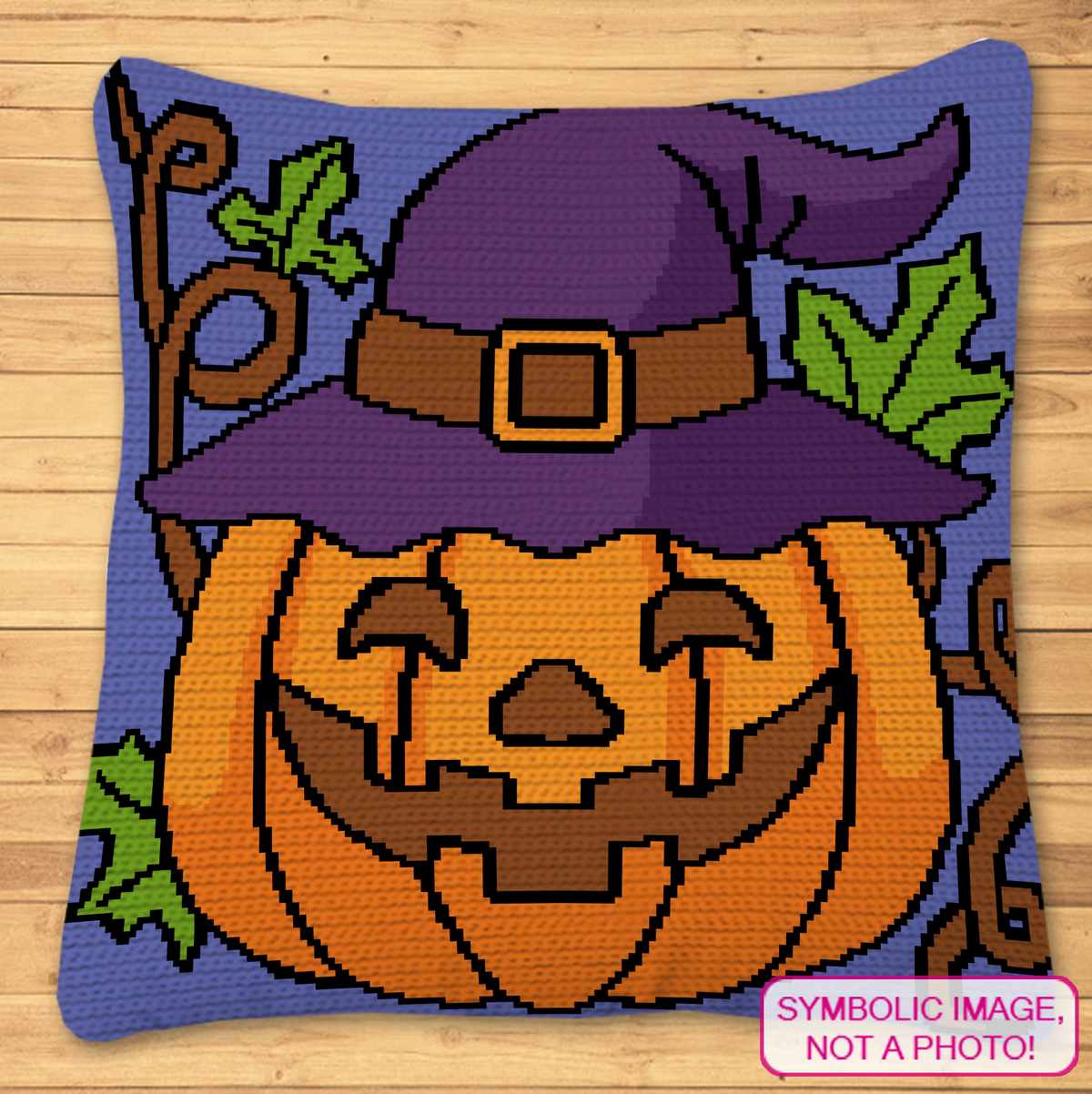 Pumpkin Witch single crochet pillow mockup featuring a jack-o-lantern in a purple witch hat.
