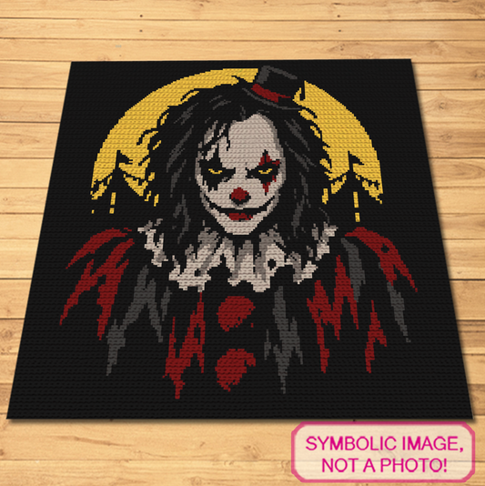 Scary Clown crochet blanket pattern with creepy clown face, yellow moon and black background.
Horror crochet graphghan featuring a scary clown in red, black, grey and yellow colors.