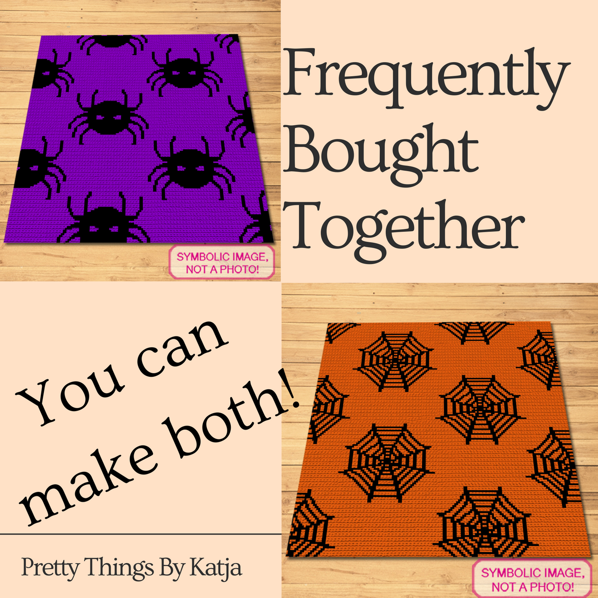 Seamless spider web C2C crochet pattern showing blanket and pillow design options in black and orange