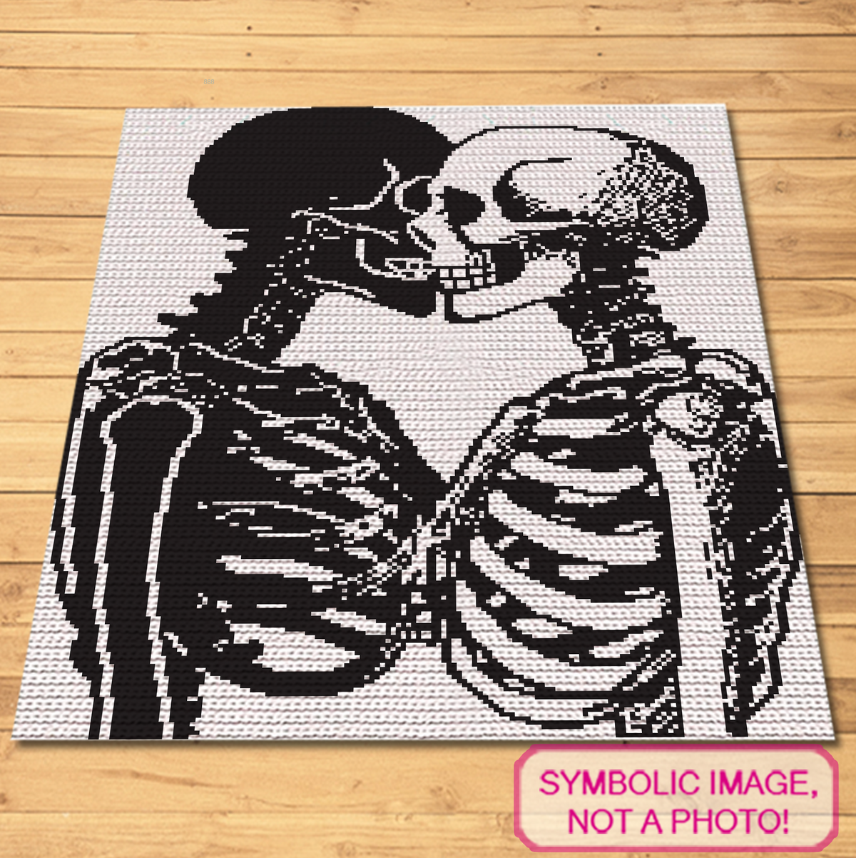 Black and white skeleton couple crochet blanket pattern shown as a finished graphghan mockup