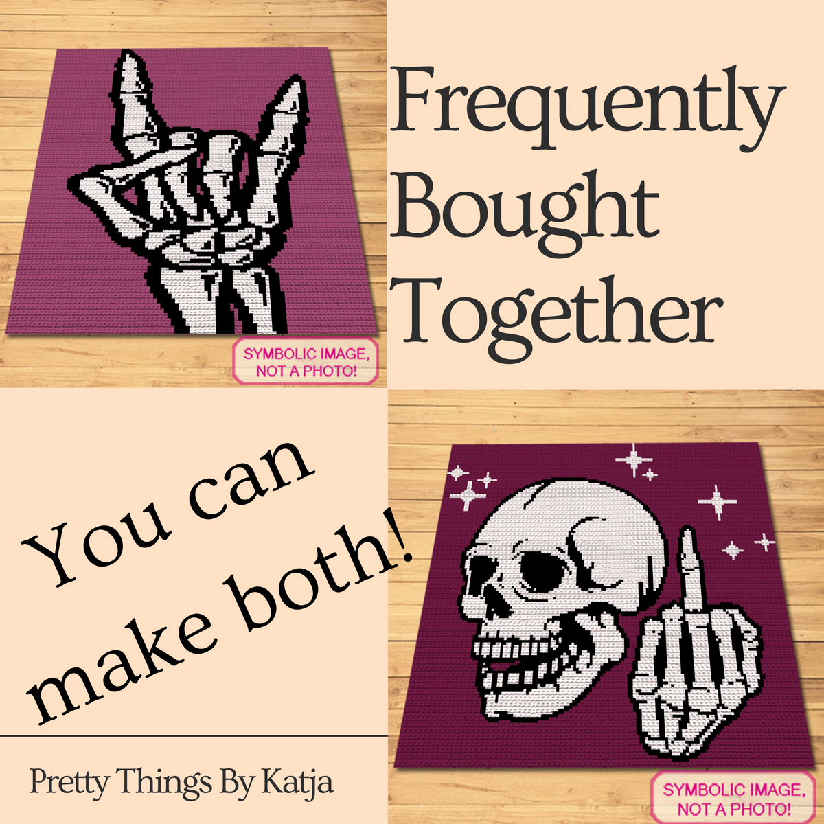 Skeleton Hand Rock On C2C crochet pattern shown with another skeleton crochet design
