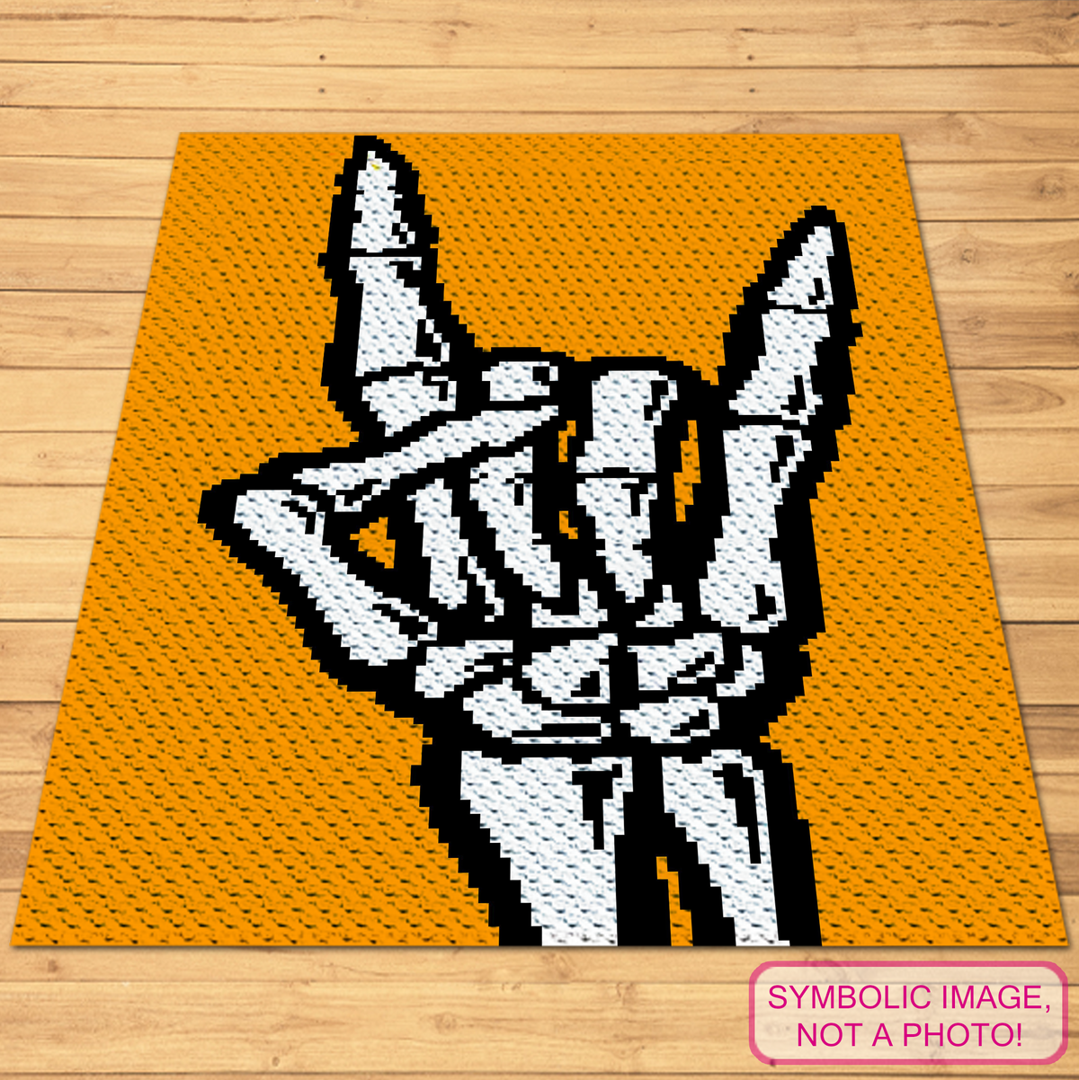 Skeleton Hand Rock On C2C crochet blanket pattern mockup in mustard, black and white