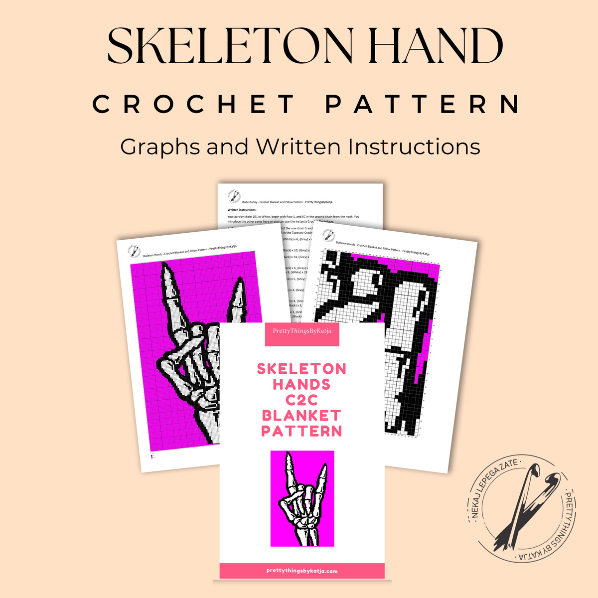 Skeleton Hand Rock On C2C crochet pattern PDF cover with graph and written instructions