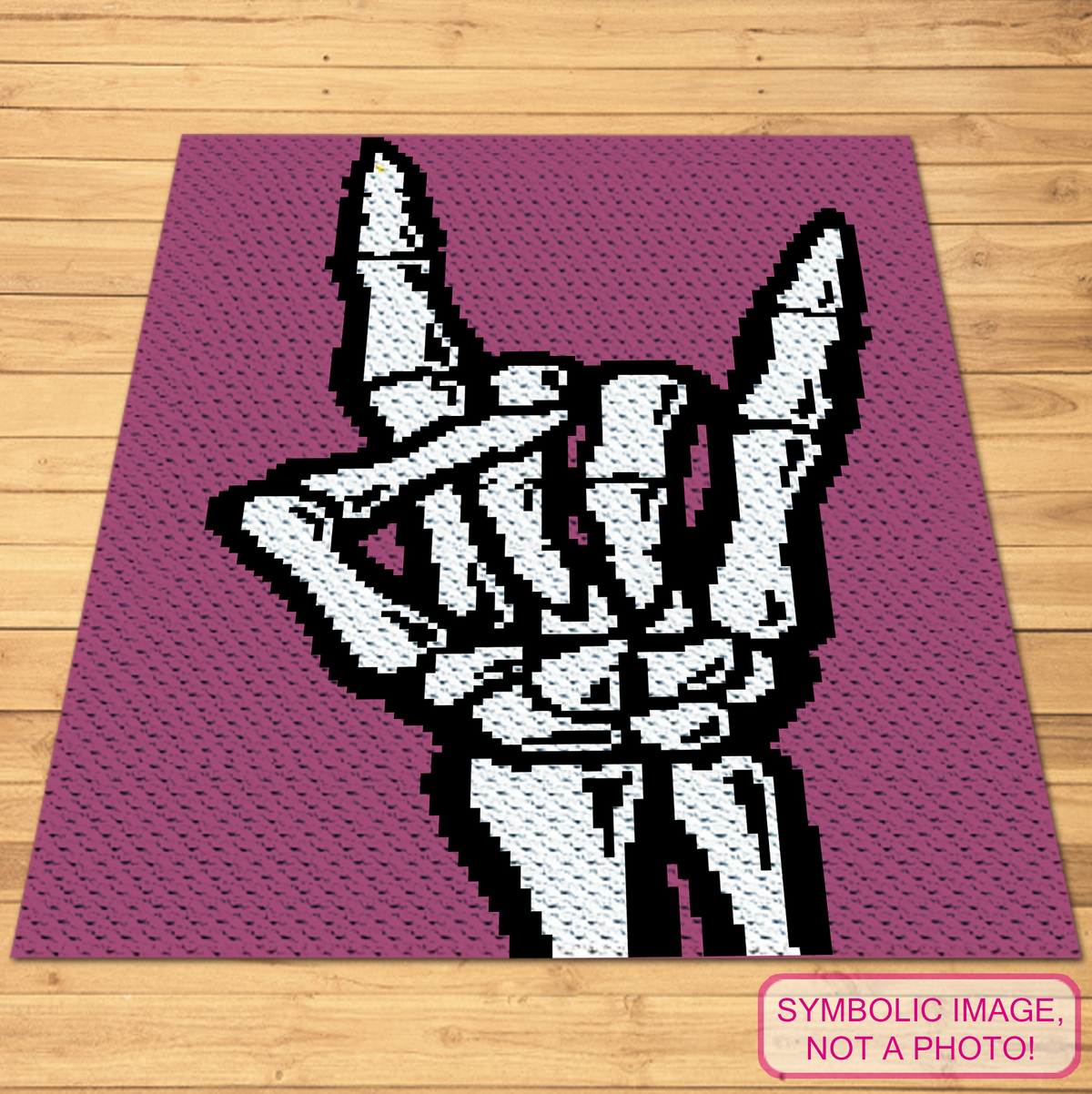 Skeleton Hand Rock On corner to corner crochet blanket pattern mockup in purple, black and white