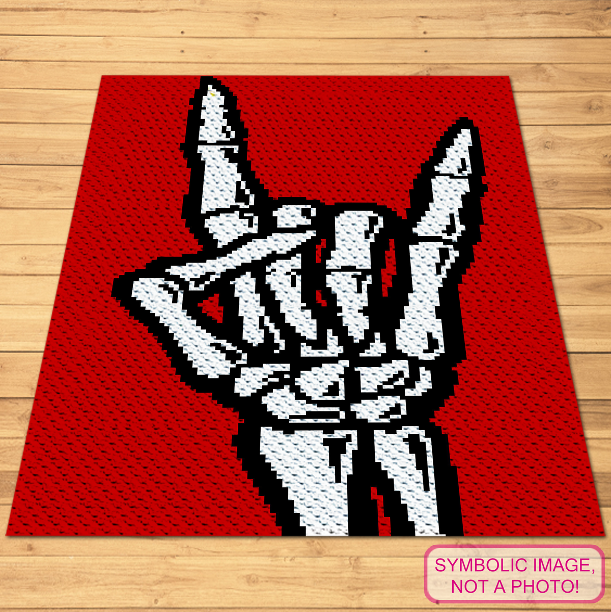 Skeleton hand Rock On C2C crochet blanket pattern mockup in red, black and white