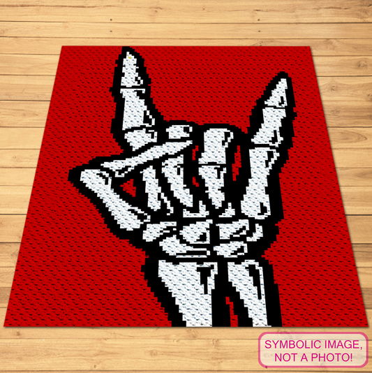 Skeleton hand Rock On C2C crochet blanket pattern mockup in red, black and white