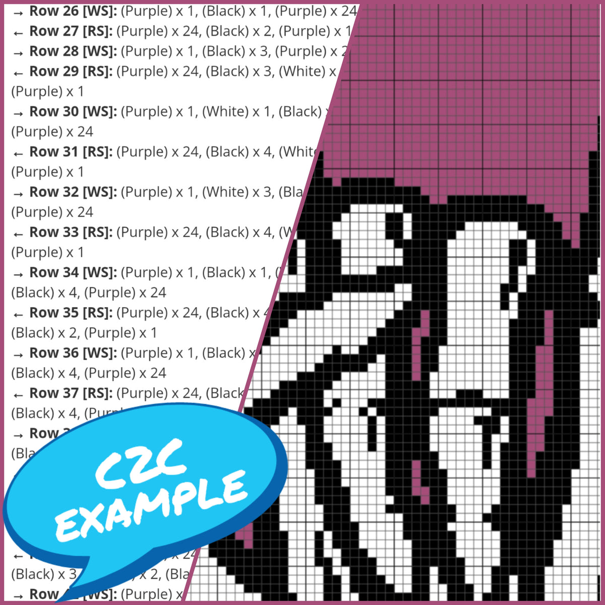 Skeleton Hand Rock On C2C crochet pattern preview with written instructions and color graph