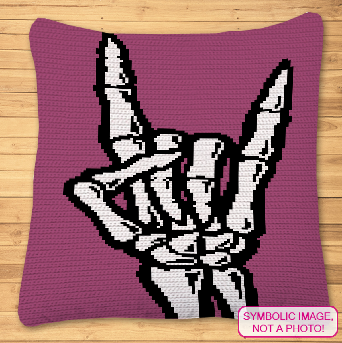 Skeleton hand Rock On single crochet pillow pattern in purple, black and white
