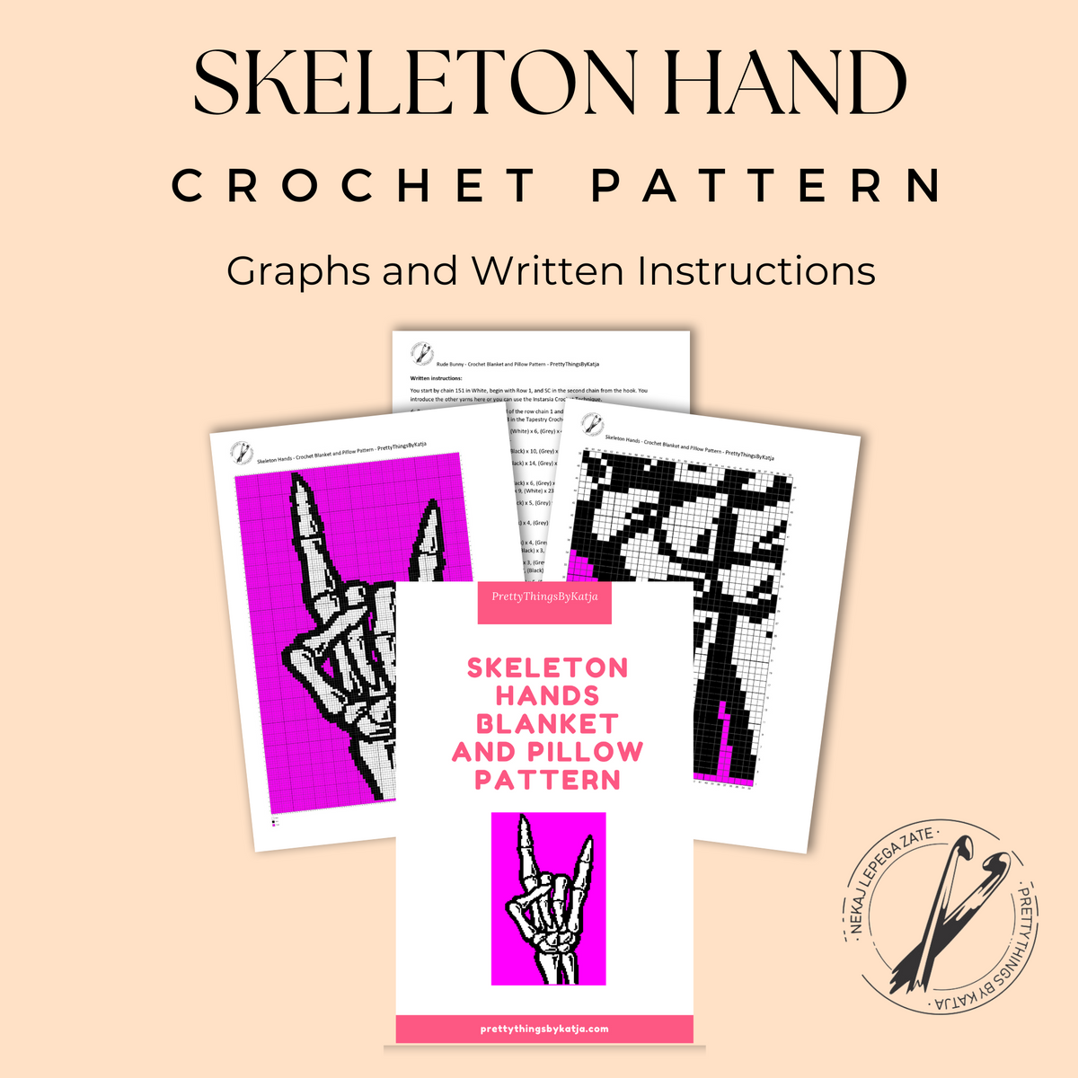 Skeleton hand Rock On crochet pattern PDF cover with graph and written instructions preview