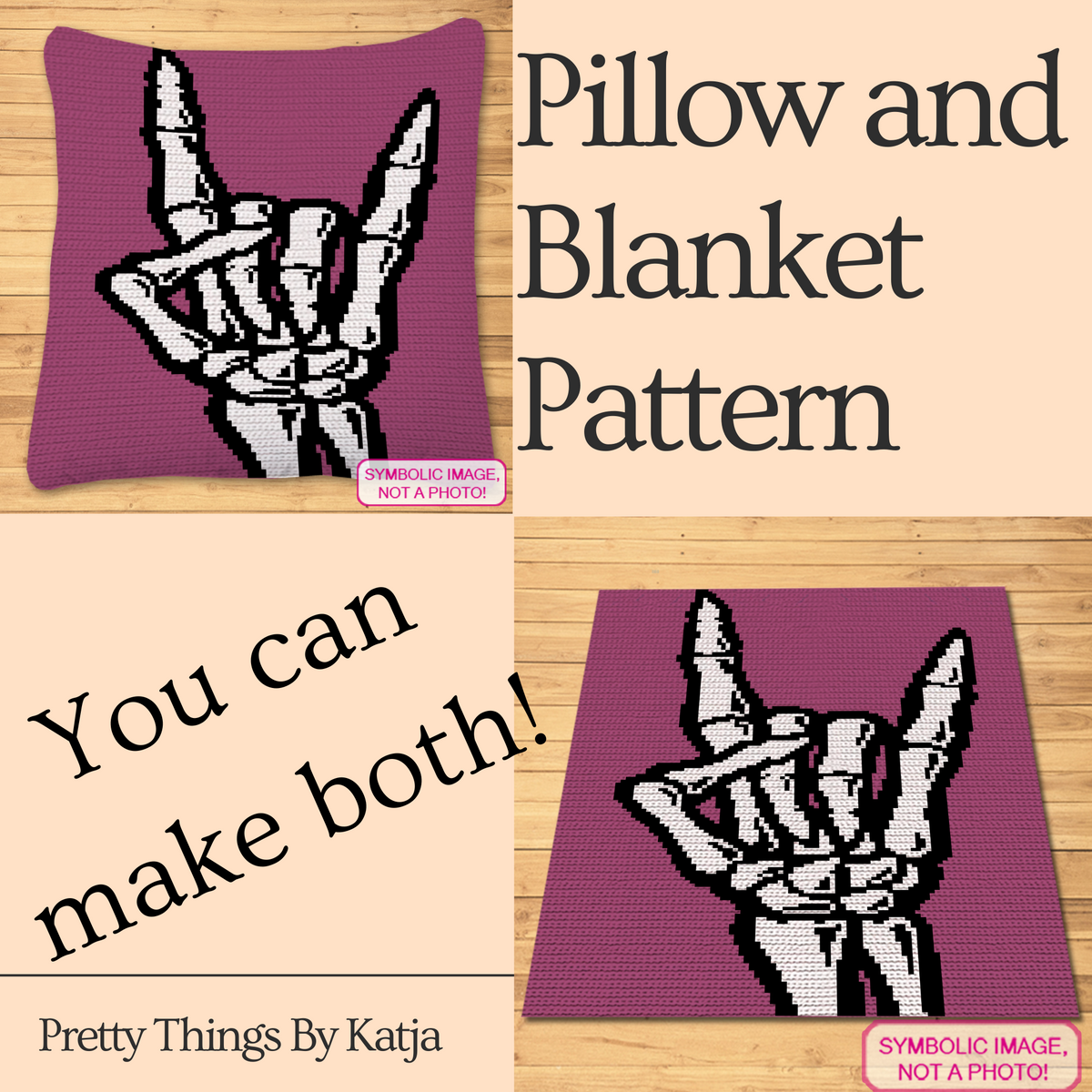 Skeleton hand Rock On crochet pillow and blanket pattern preview in purple, black and white