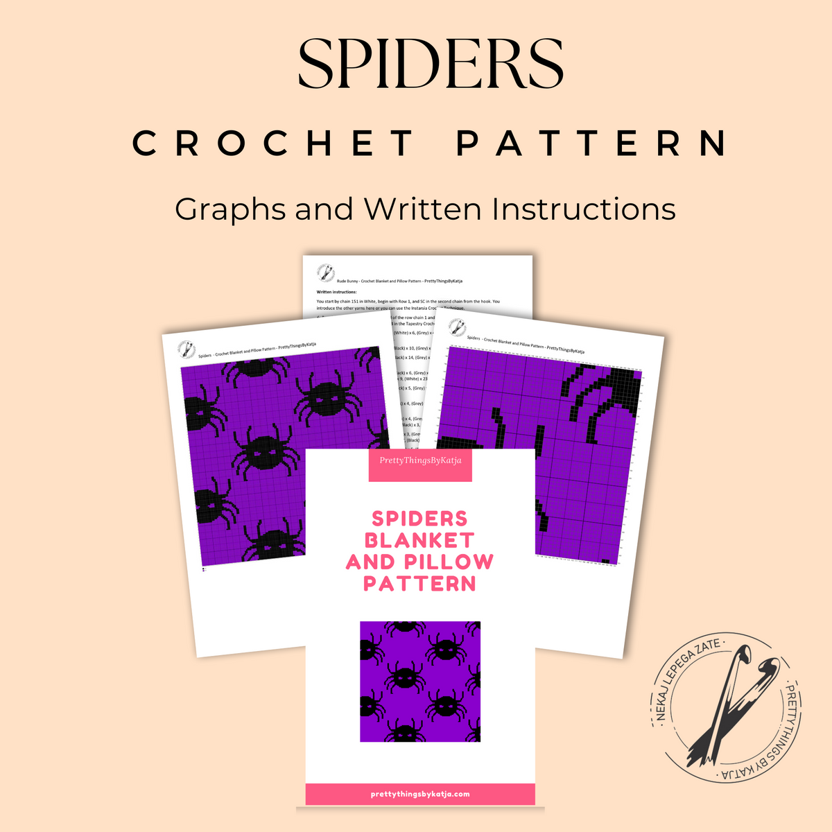 Spider Seamless crochet pattern PDF with purple and black spider graph, written row-by-row instructions, and pattern preview.
