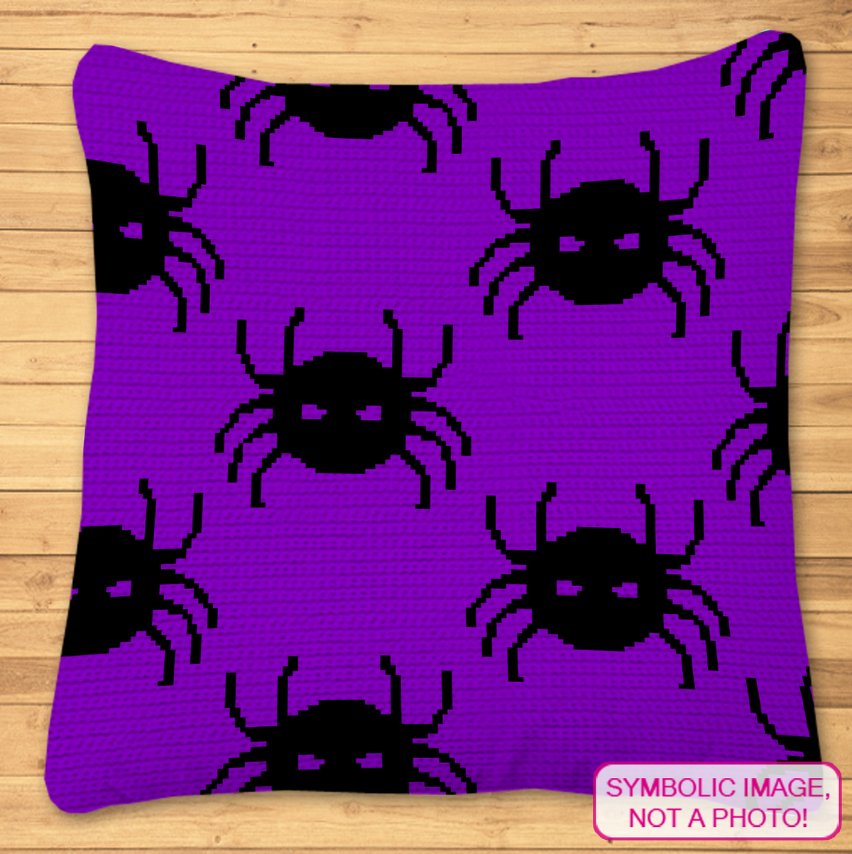 Purple and black Spider Seamless crochet pillow pattern mockup for a Halloween SC graphgan design.