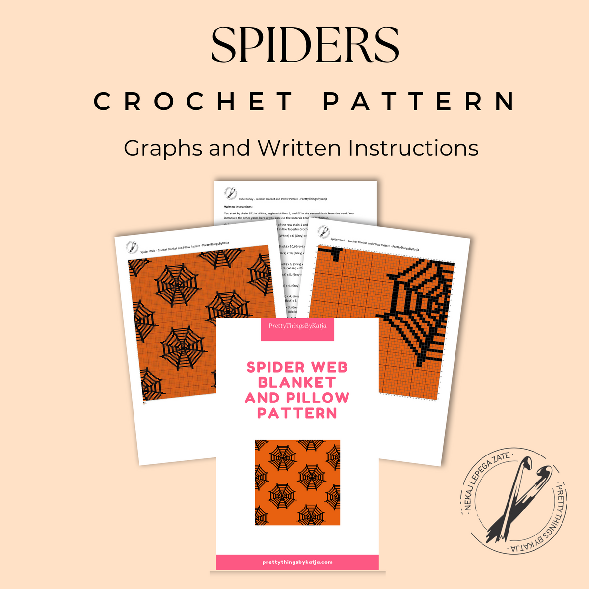 Spider web crochet pattern PDF preview with graphs and written instructions