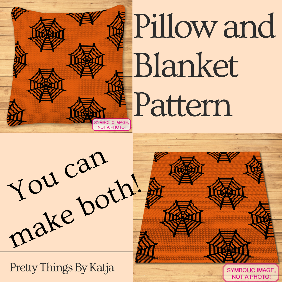Spider web crochet pillow and blanket pattern shown in orange and black