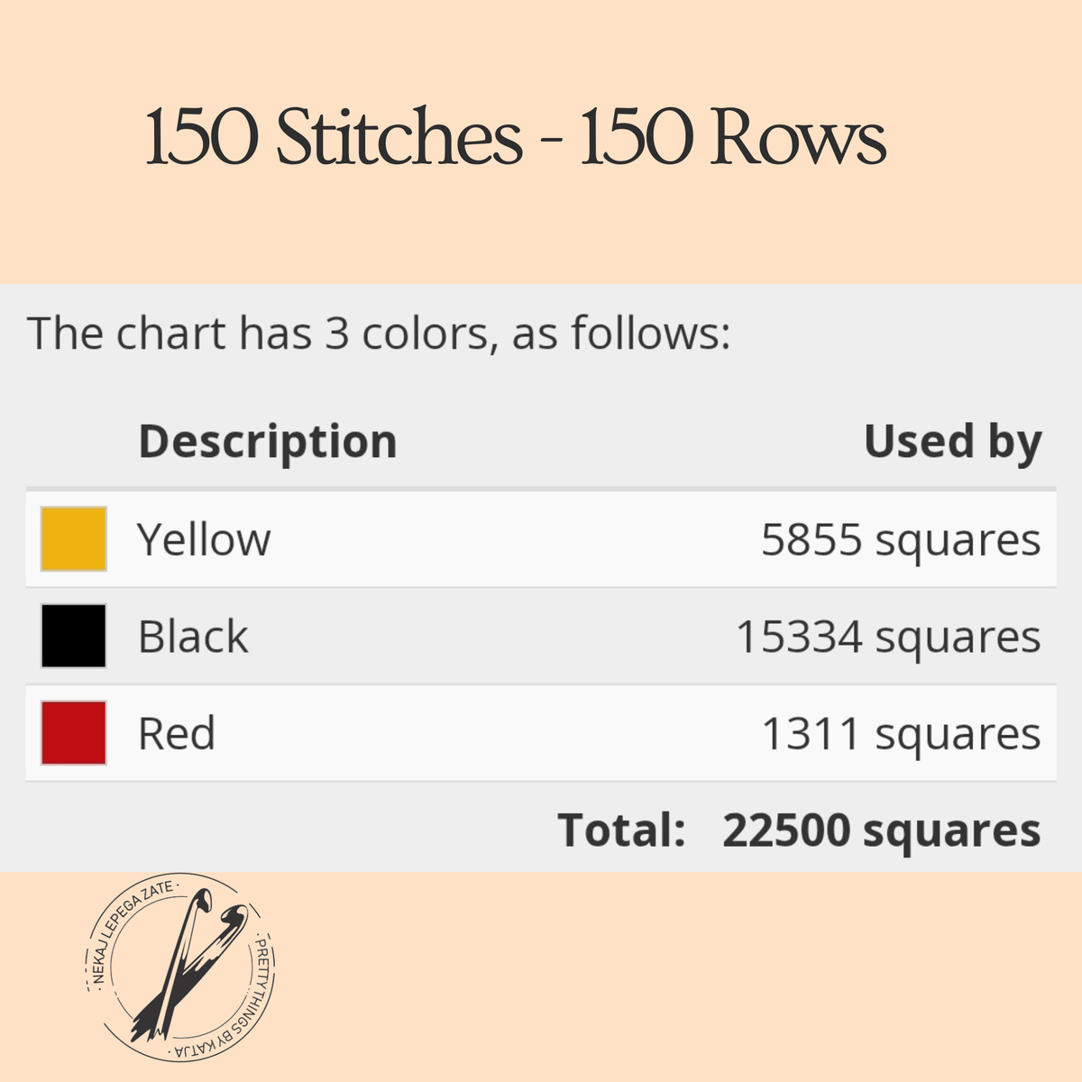 Spooky Nights SC crochet graph details showing 150 stitches by 150 rows and three colors
