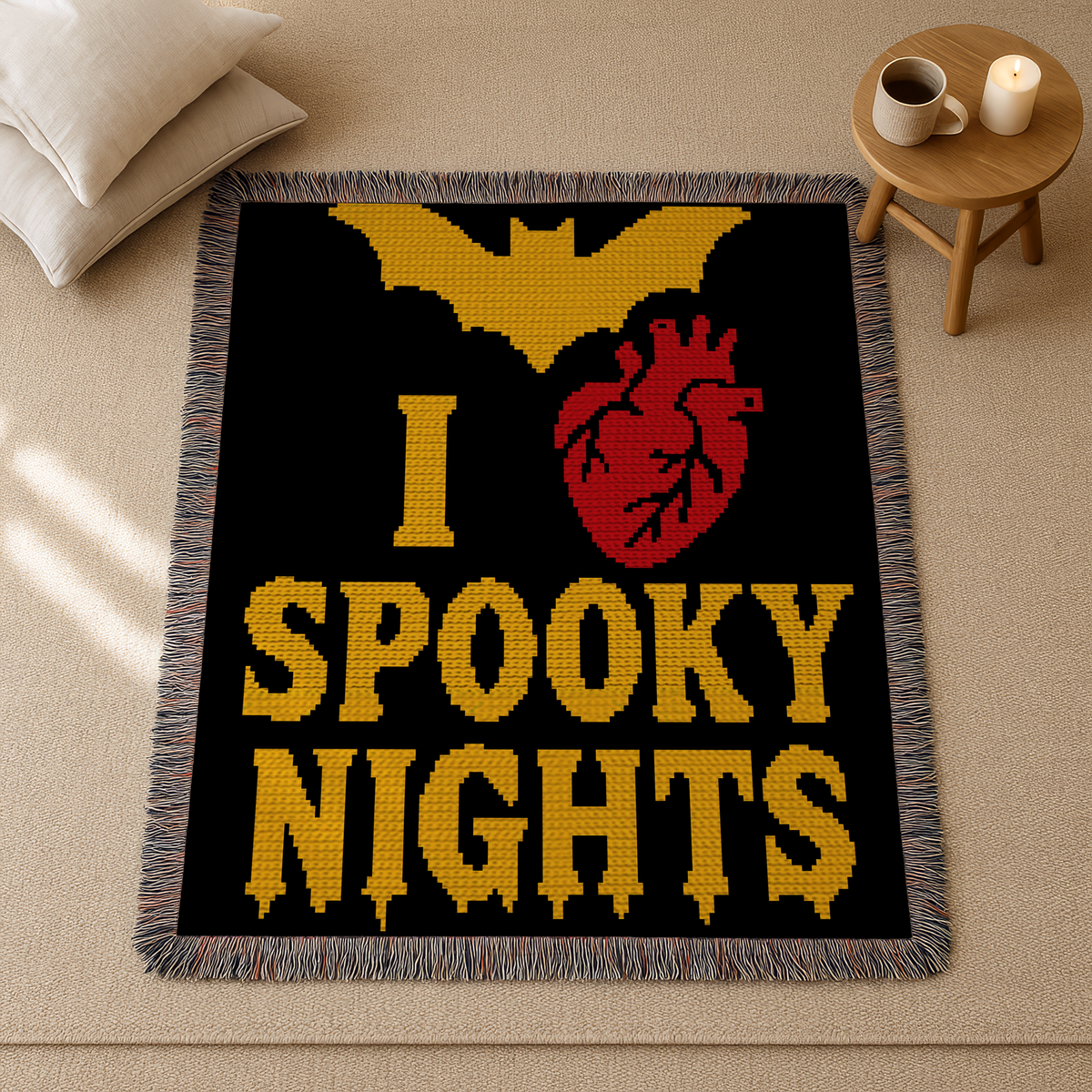Finished Spooky Nights C2C crochet blanket mockup with yellow bat and text and red heart on black background