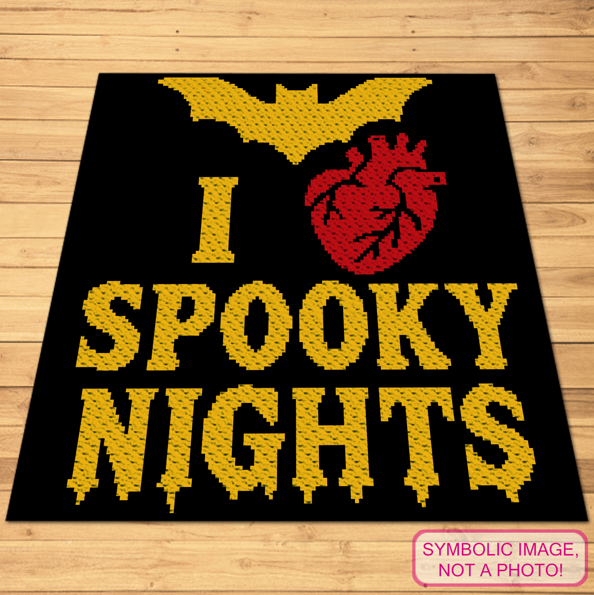 I Love Spooky Nights C2C crochet blanket pattern with yellow bat, red anatomical heart, and black background