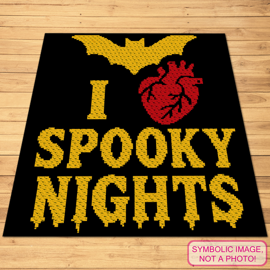I Love Spooky Nights C2C crochet blanket pattern with yellow bat, red anatomical heart, and black background