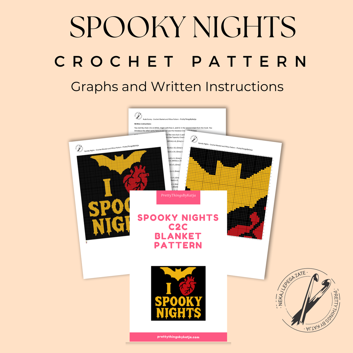 Spooky Nights crochet pattern PDF with graphs and written instructions for a Halloween C2C blanket