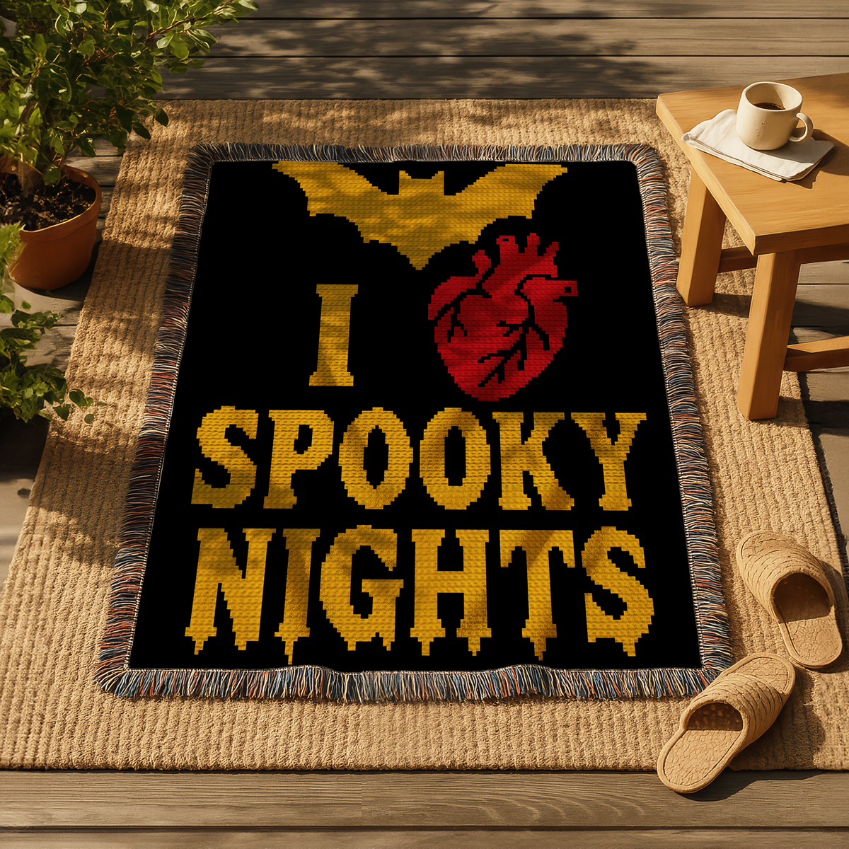 Spooky Nights Halloween crochet blanket mockup displayed outdoors with black yellow and red graphgan design