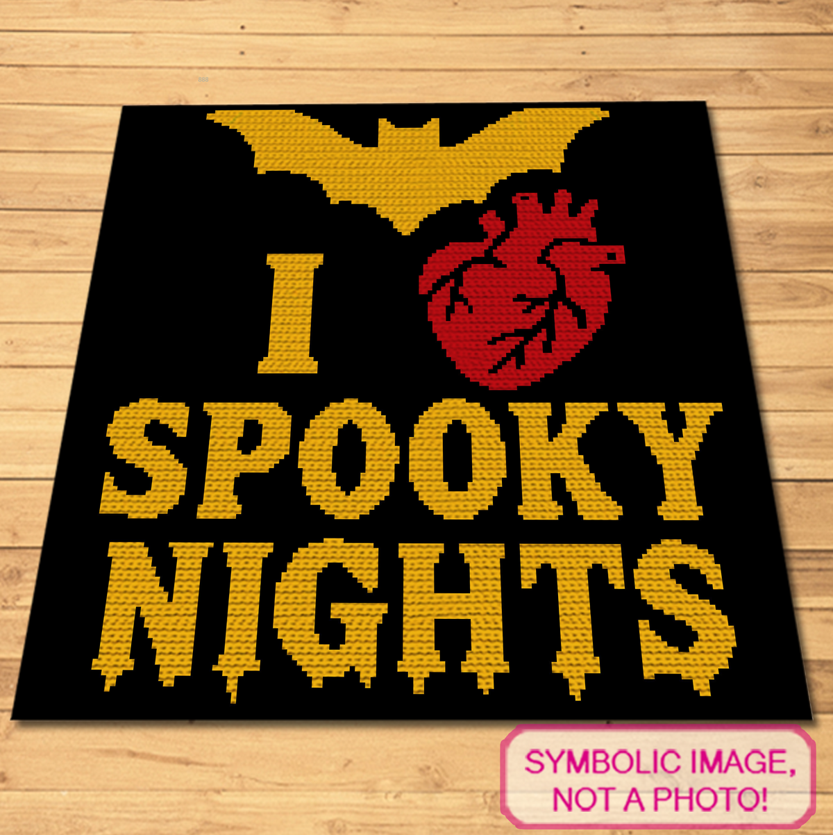 Spooky Nights Halloween single crochet graphgan pattern with bat heart and spooky lettering